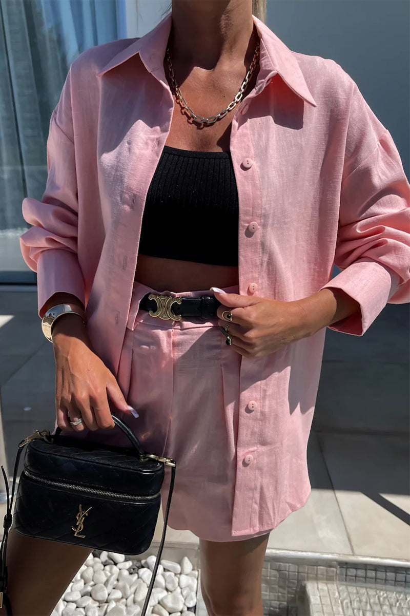 Conjunto informal de dos piezas con botones y patchwork, cuello vuelto, manga larga (sin cinturón) (3 colores)