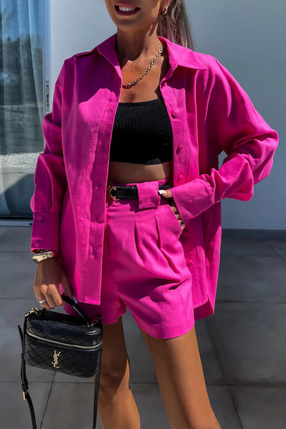 Conjunto informal de dos piezas con botones y patchwork, cuello vuelto, manga larga (sin cinturón) (3 colores)