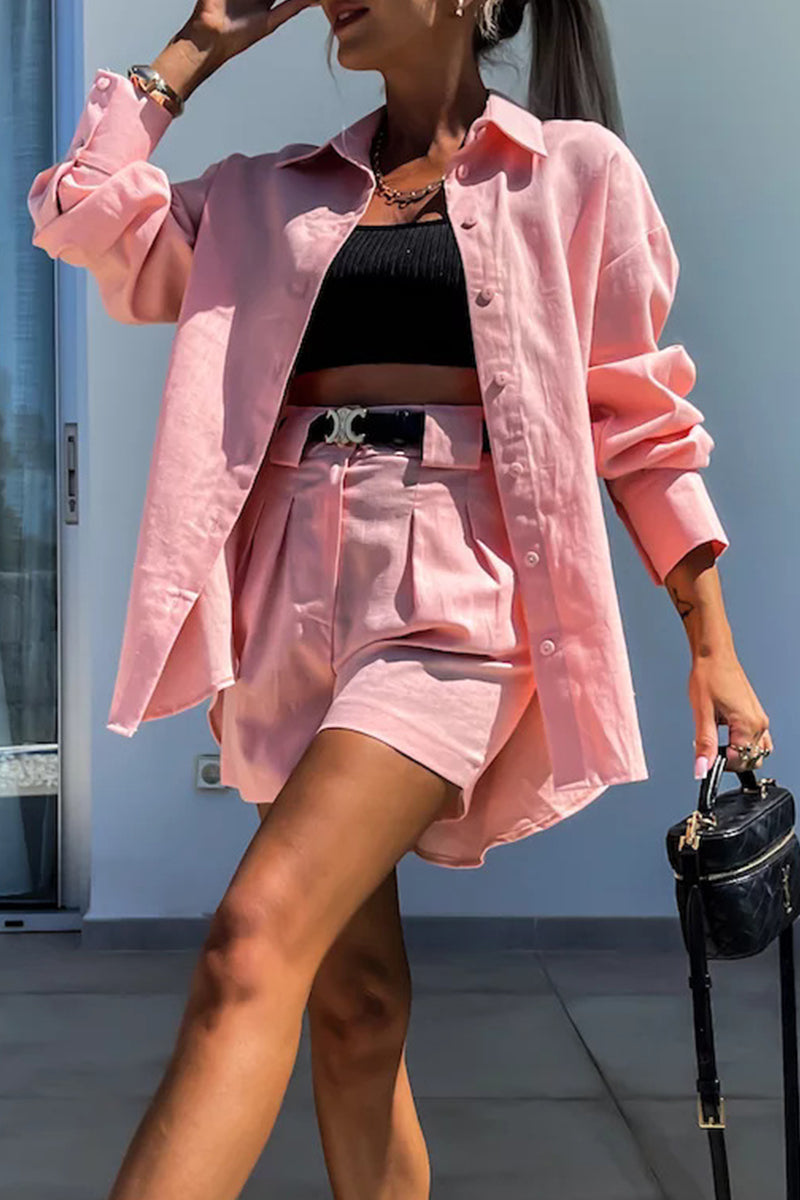 Conjunto informal de dos piezas con botones y patchwork, cuello vuelto, manga larga (sin cinturón) (3 colores)