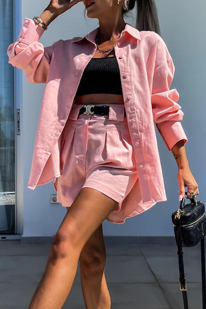 Conjunto informal de dos piezas con botones y patchwork, cuello vuelto, manga larga (sin cinturón) (3 colores)