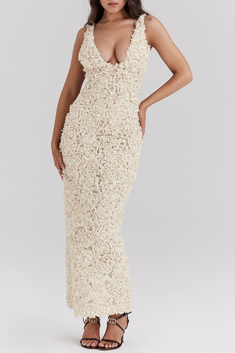 Vestidos sexis de falda de un solo paso con escote en V y forma de flor de color sólido