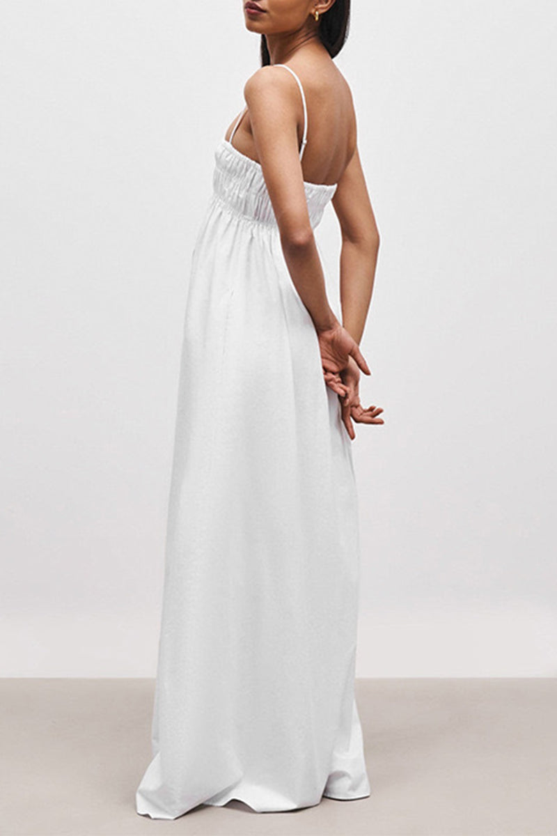 Vestidos casuales de vacaciones con cuello cuadrado y bolsillos en color liso