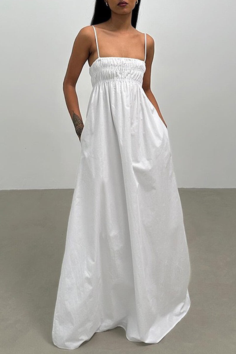 Vestidos casuales de vacaciones con cuello cuadrado y bolsillos en color liso