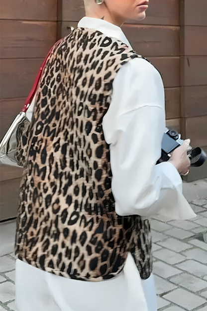 Tops casuales de cuello redondo con parches y cordones con estampado de leopardo