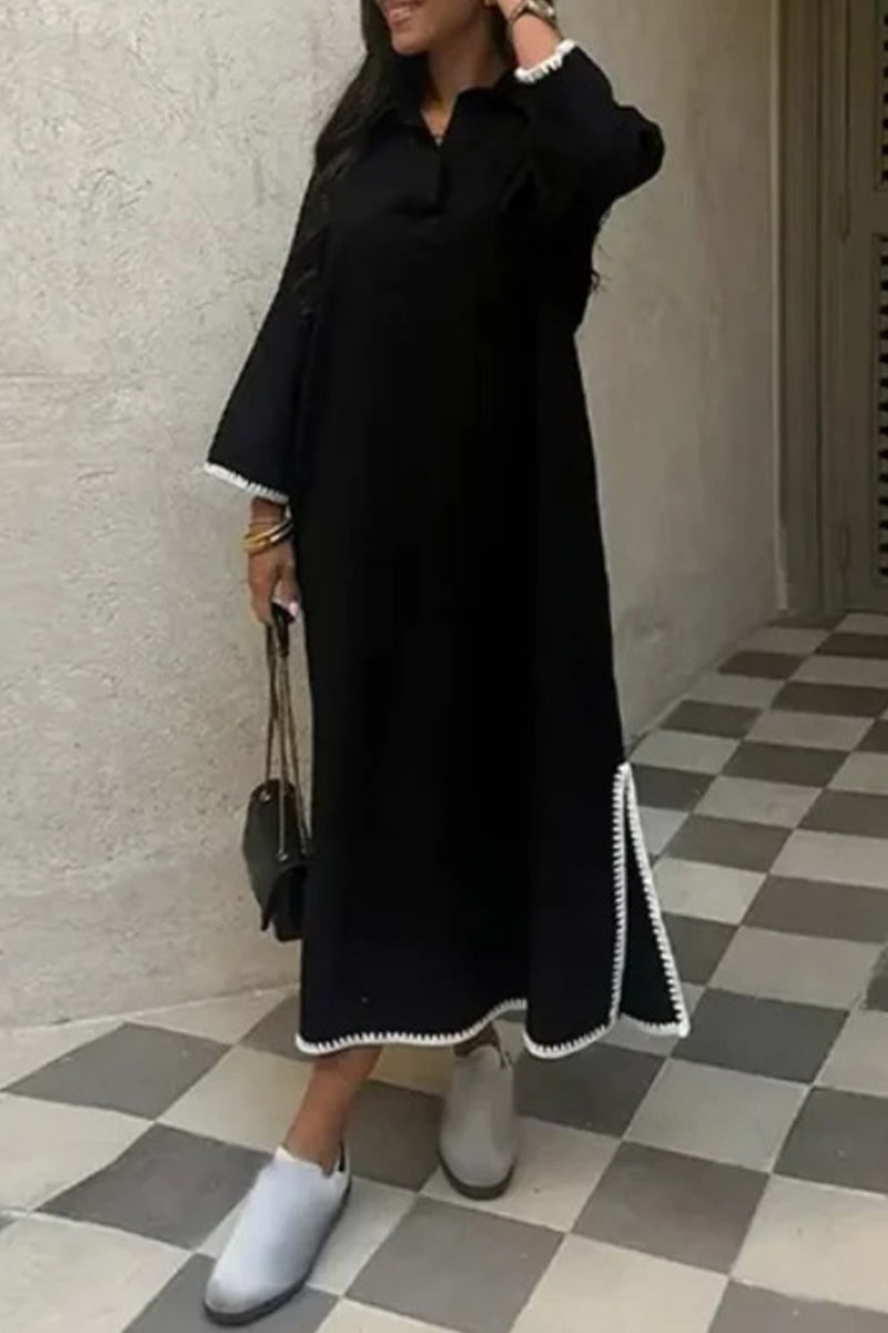 Vestidos de manga larga con cuello vuelto, abertura y retazos bordados en color liso (4 colores)