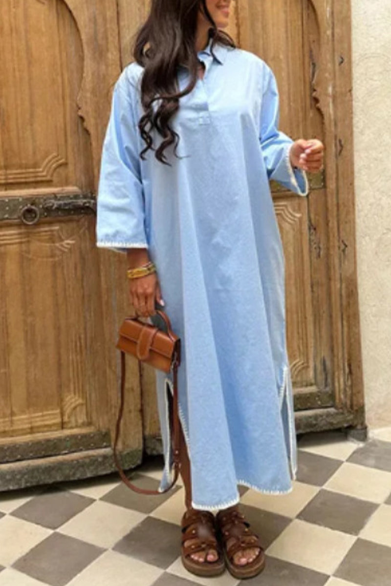 Vestidos de manga larga con cuello vuelto, abertura y retazos bordados en color liso (4 colores)