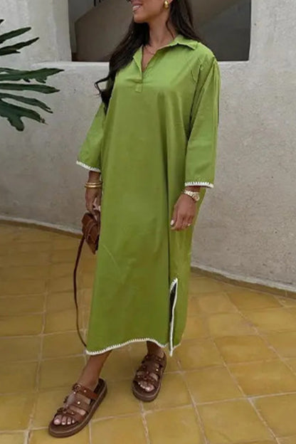 Vestidos de manga larga con cuello vuelto, abertura y retazos bordados en color liso (4 colores)