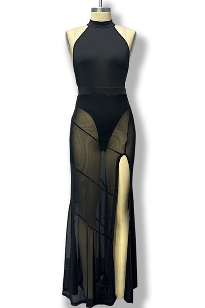 Traje de baño sexy de malla sin espalda de color sólido para vacaciones