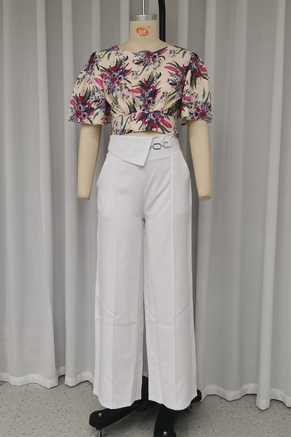 Elegant Floral Print Pocket O Neck Short Sleeve Two Pieces