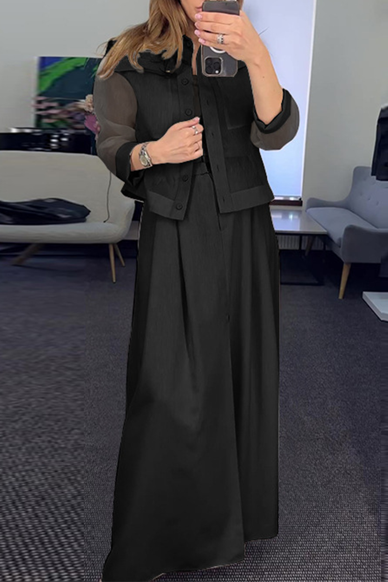 Elegante conjunto de tres piezas de manga larga con cuello vuelto y bolsillos en color liso