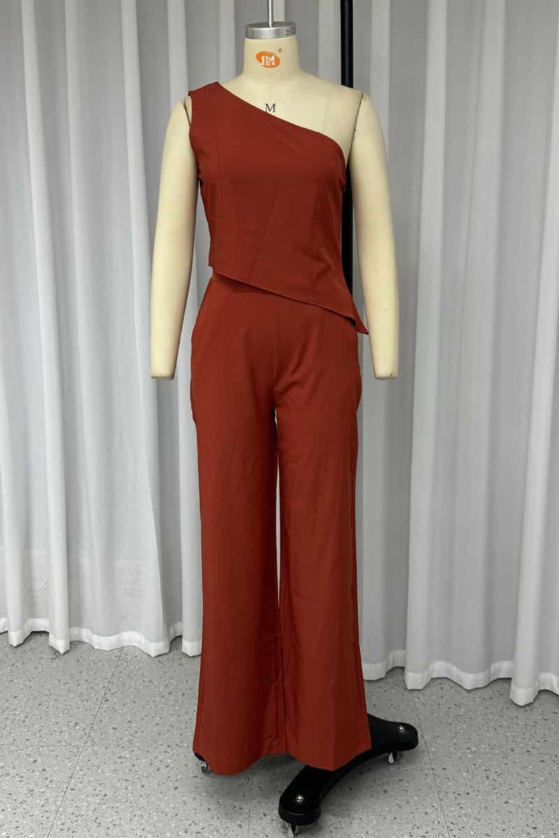 Conjunto de dos piezas sin mangas con cuello oblicuo irregular y bolsillos de color liso para uso diario en la calle