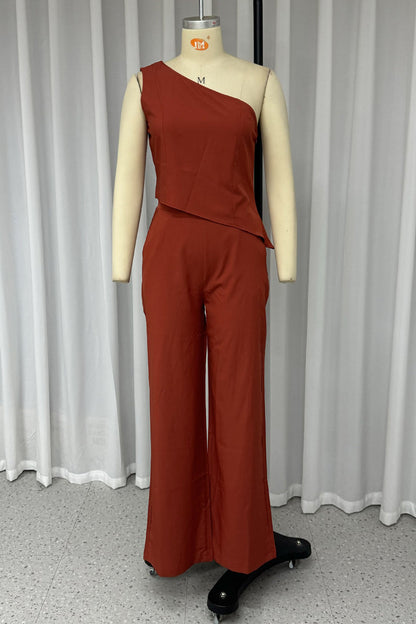 Conjunto de dos piezas sin mangas con cuello oblicuo irregular y bolsillos de color liso para uso diario en la calle