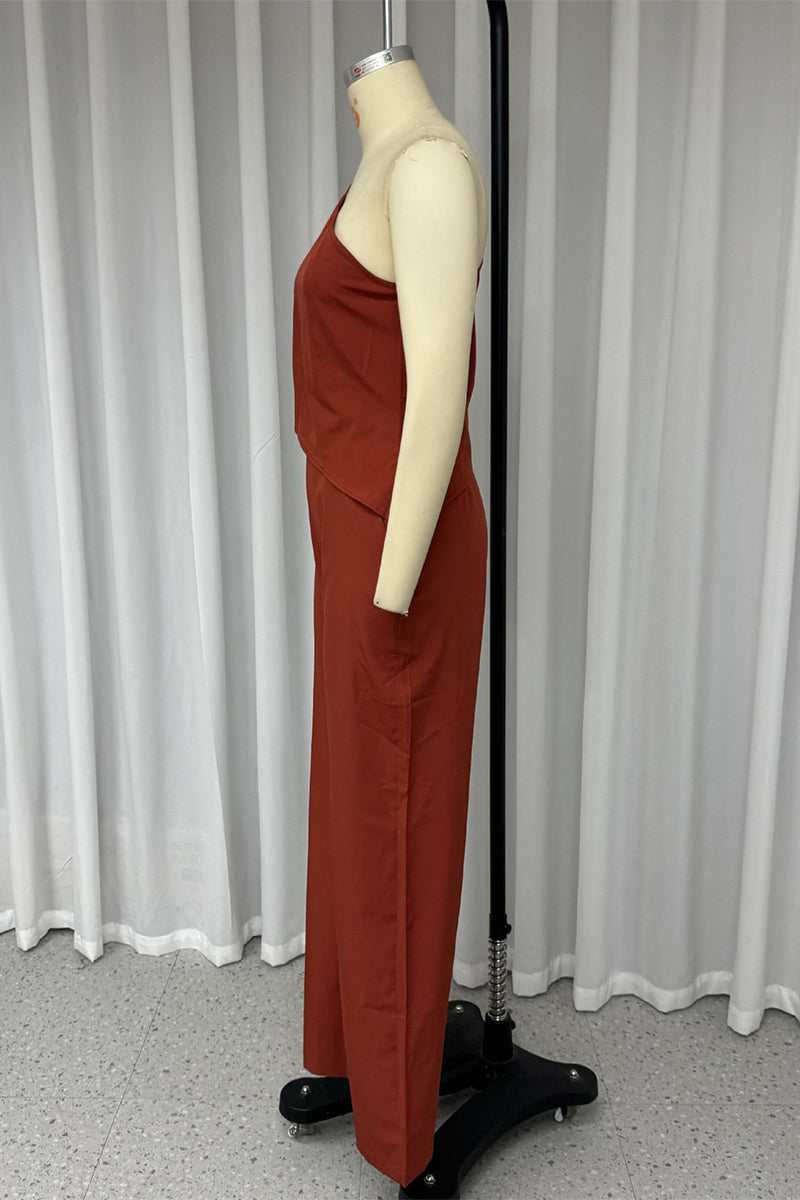 Conjunto de dos piezas sin mangas con cuello oblicuo irregular y bolsillos de color liso para uso diario en la calle