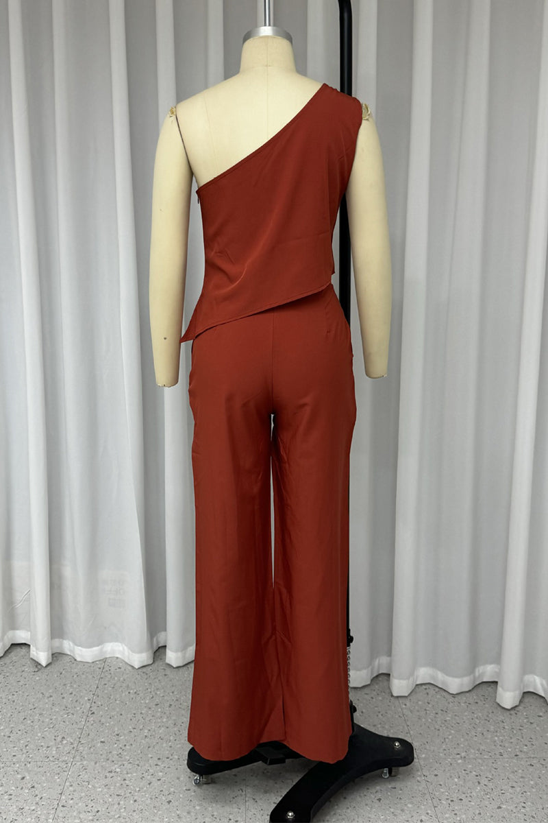 Conjunto de dos piezas sin mangas con cuello oblicuo irregular y bolsillos de color liso para uso diario en la calle