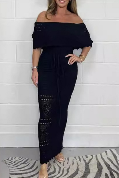 Vestido sexy de un solo paso con falda de tejido calado y hombros descubiertos de color sólido