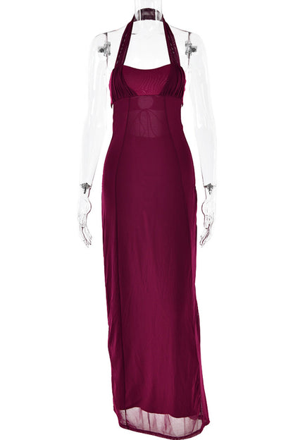 Vestidos sexys de falda de un solo paso con cuello halter, espalda descubierta y cordones