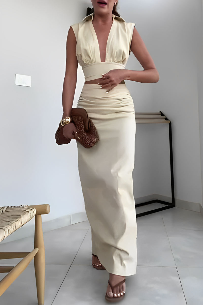 Conjunto de dos piezas sexy de color sólido con escote en V fruncido y sin mangas