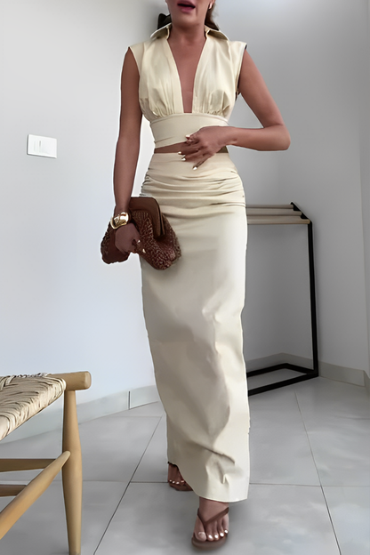 Conjunto de dos piezas sexy de color sólido con escote en V fruncido y sin mangas