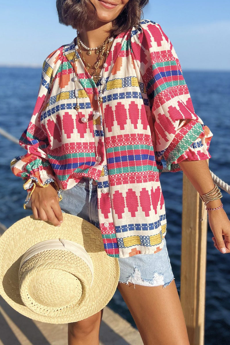 Blusas casuales de vacaciones con estampado geométrico, botones y cuello en V