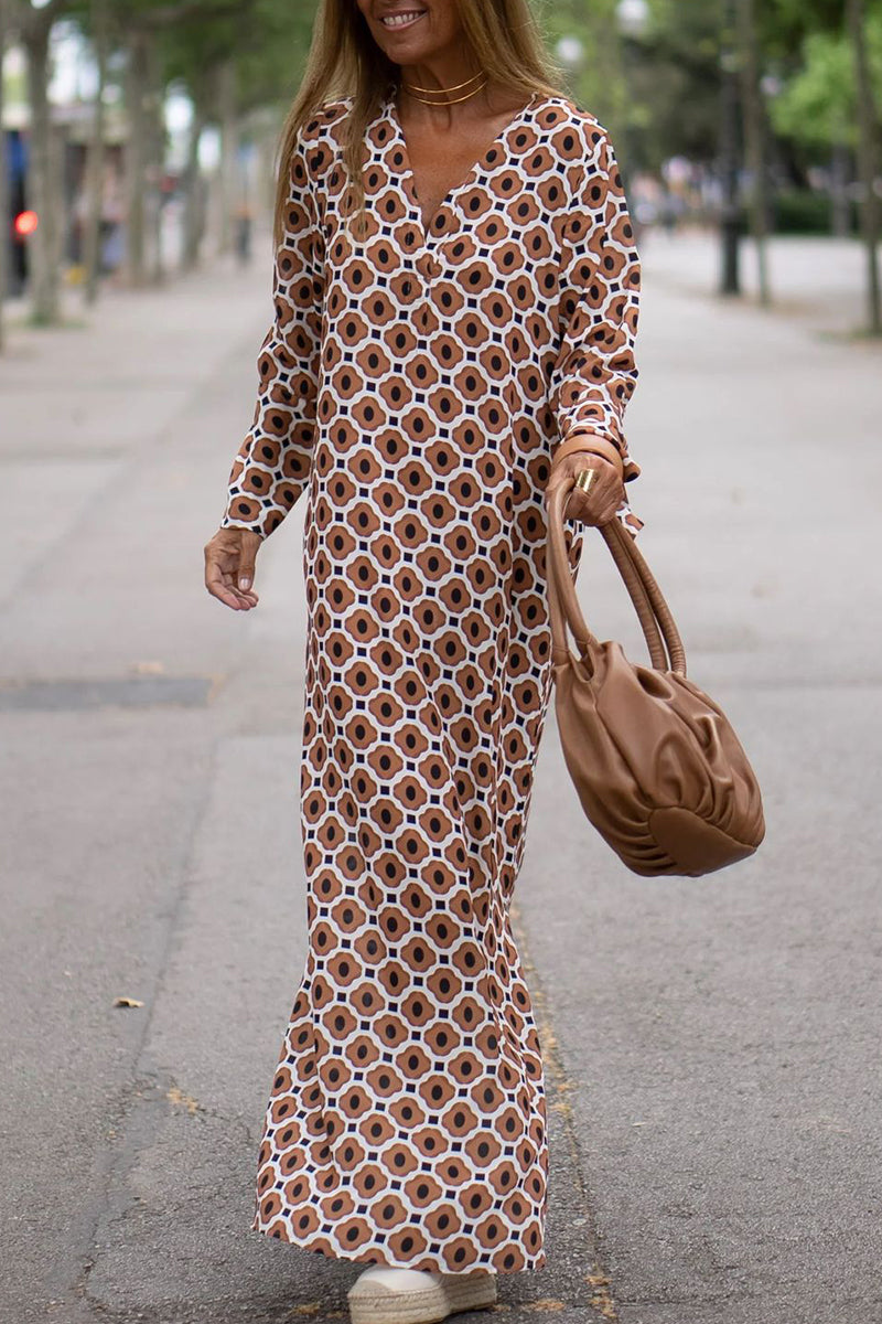 Vestido casual con cuello en V y estampado geométrico de patchwork