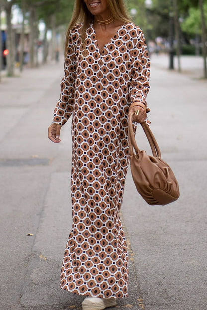 Vestido casual con cuello en V y estampado geométrico de patchwork