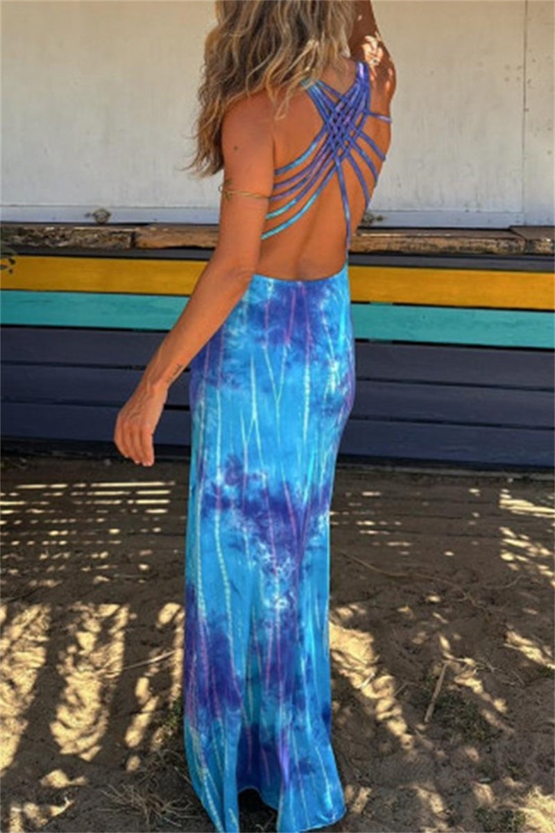 Vestidos largos informales con cuello en U, espalda descubierta y estampado (3 colores)