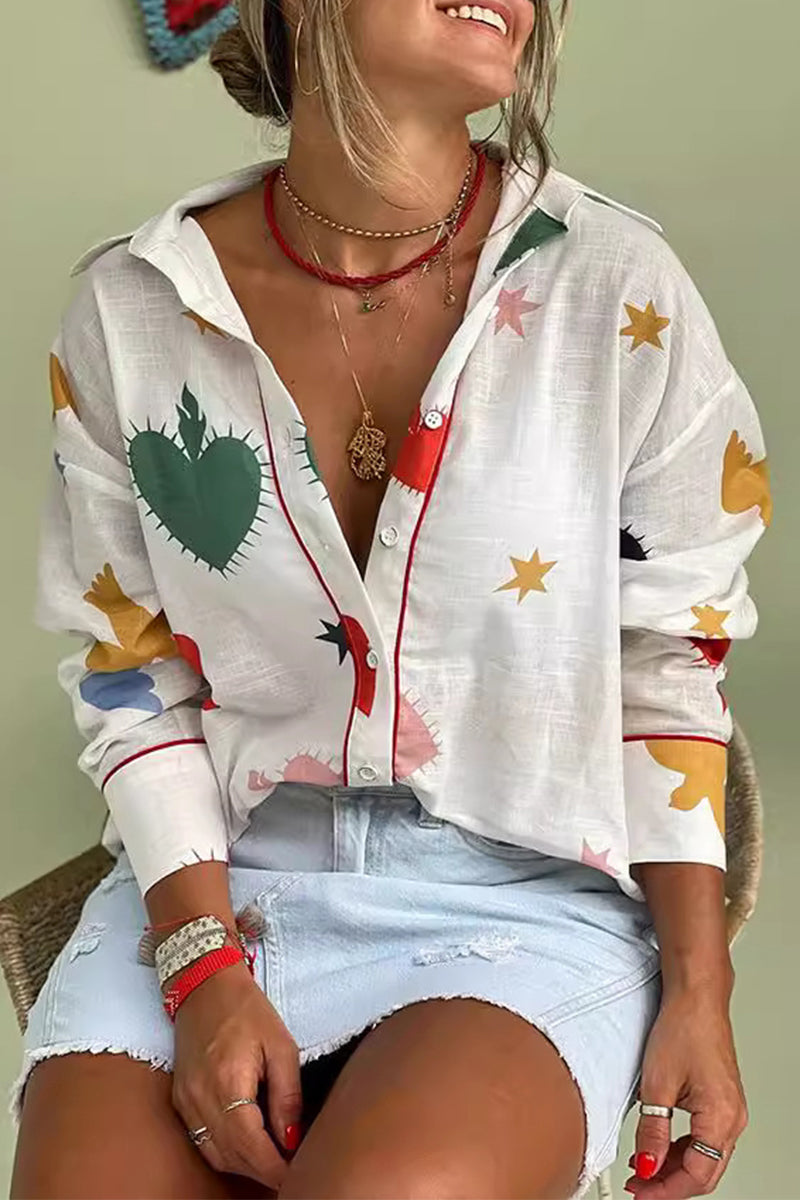 Blusas casuales de cuello vuelto con botones y estampado de grafiti para uso diario