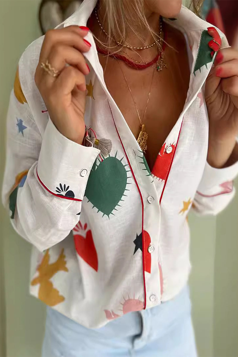 Blusas casuales de cuello vuelto con botones y estampado de grafiti para uso diario