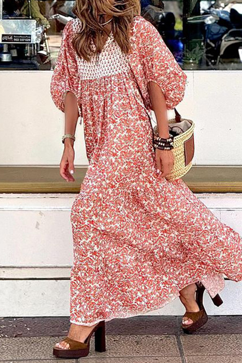 Vestidos elegantes de calle con estampado floral, patchwork, contraste, cuello en V, corte A