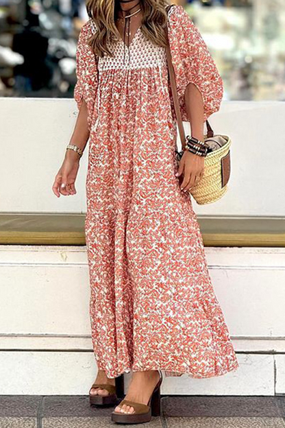 Vestidos elegantes de calle con estampado floral, patchwork, contraste, cuello en V, corte A