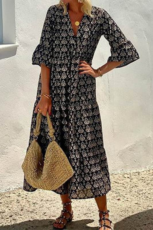Vacation Elegant Floral Print Patchwork V Neck A Line Dresses
