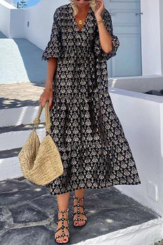 Vacation Elegant Floral Print Patchwork V Neck A Line Dresses