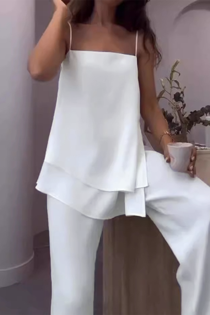 Conjunto informal de dos piezas, sin mangas, cuello cuadrado, volante irregular, color sólido, para uso diario