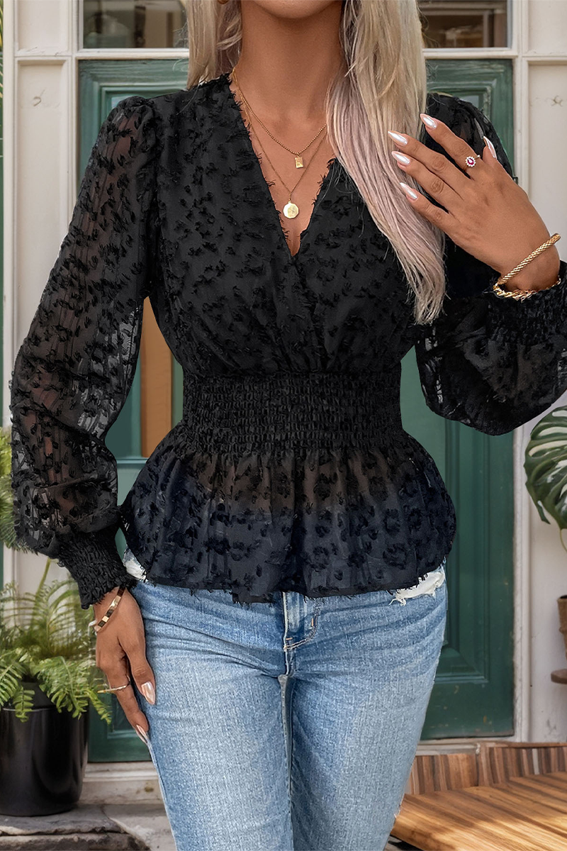 Blusas sexys de diario con escote en V y malla transparente de color sólido