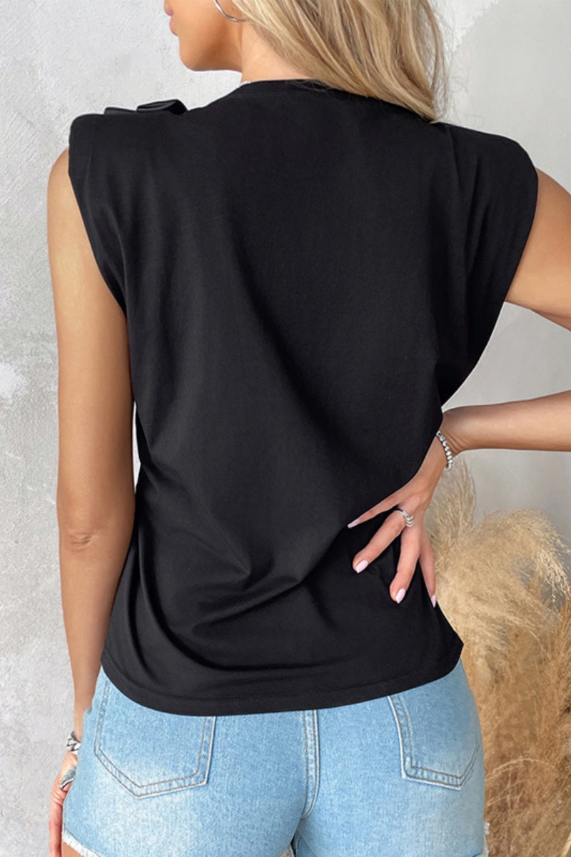 Tops casuales de cuello redondo con cadenas y retazos de flores de color sólido