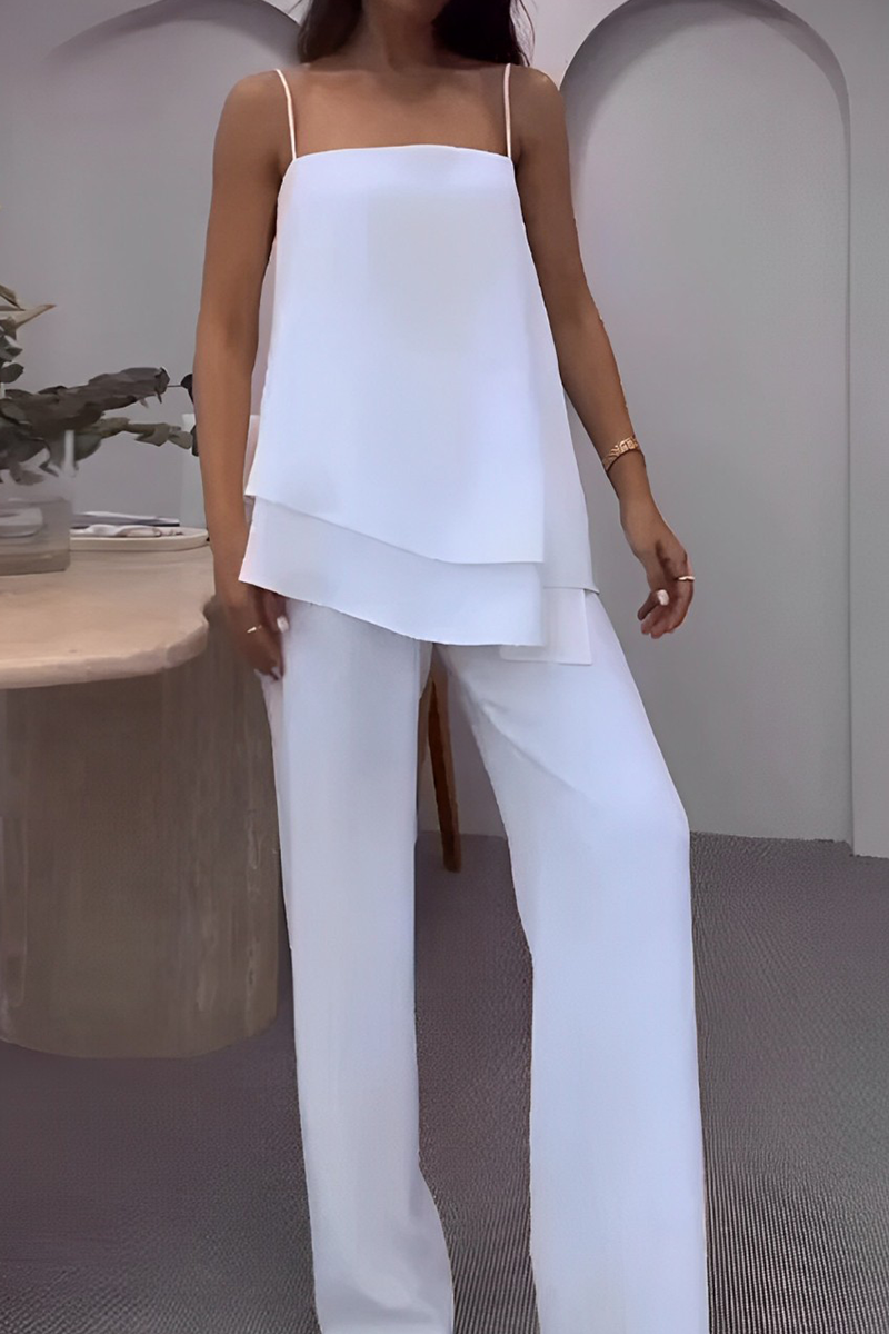 Conjunto informal de dos piezas, sin mangas, cuello cuadrado, volante irregular, color sólido, para uso diario