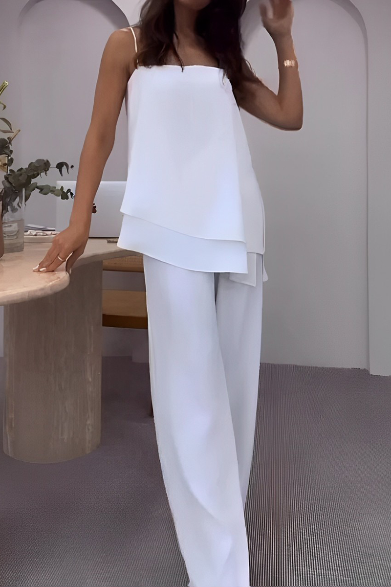Conjunto informal de dos piezas, sin mangas, cuello cuadrado, volante irregular, color sólido, para uso diario