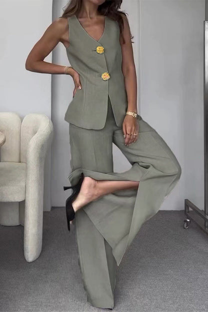 Conjunto informal de dos piezas con botones, abertura en el cuello en V, sin mangas, de color sólido