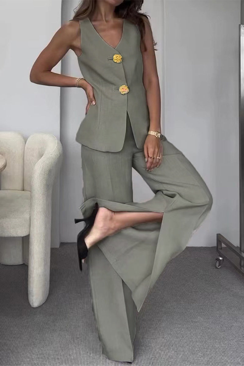 Conjunto informal de dos piezas con botones, abertura en el cuello en V, sin mangas, de color sólido