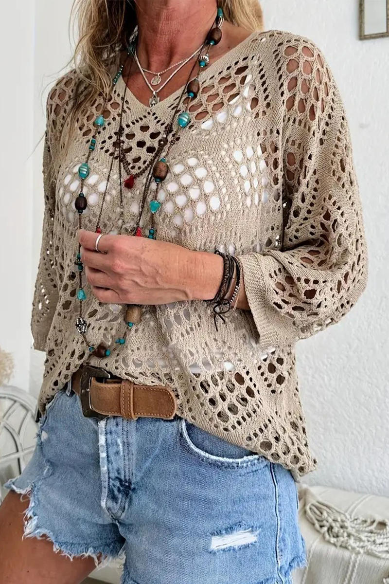 Suéteres casuales de cuello en V calados de color sólido para uso diario (5 colores)