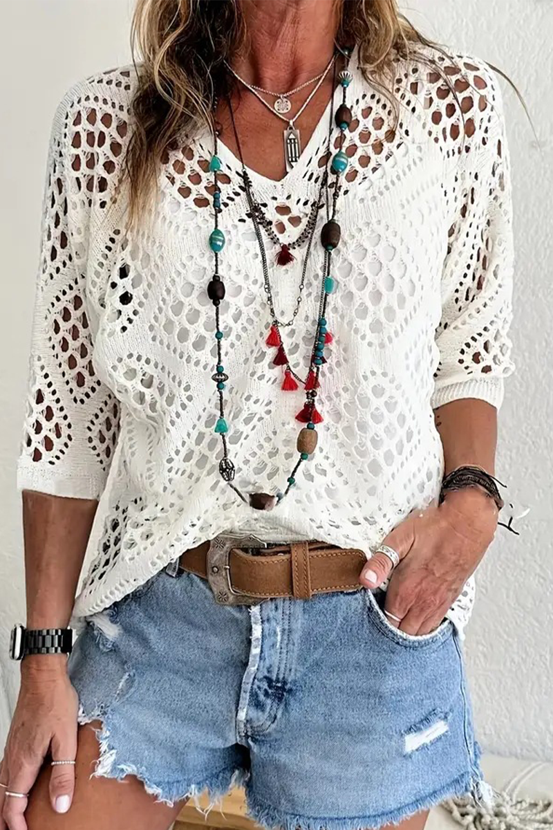 Suéteres casuales de cuello en V calados de color sólido para uso diario (5 colores)