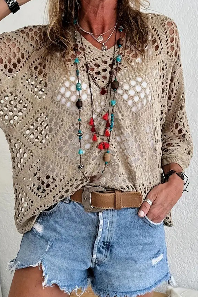 Suéteres casuales de cuello en V calados de color sólido para uso diario (5 colores)