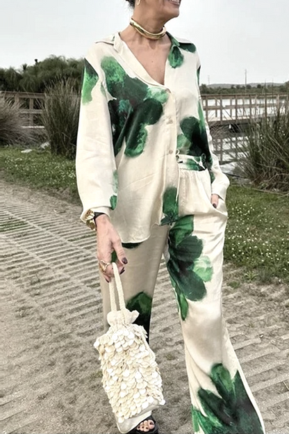 Conjunto de dos piezas informal con estampado de flores, bolsillo, cuello vuelto, manga larga