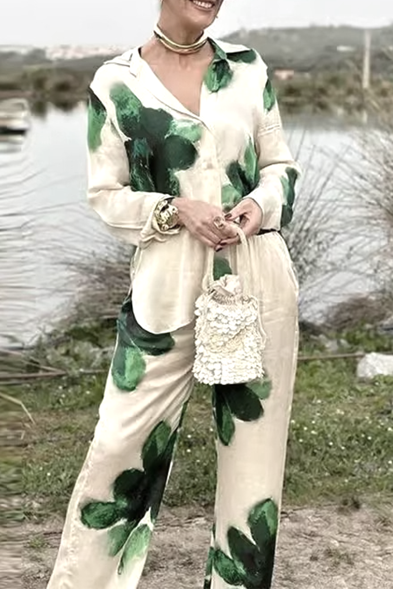 Conjunto de dos piezas informal con estampado de flores, bolsillo, cuello vuelto, manga larga