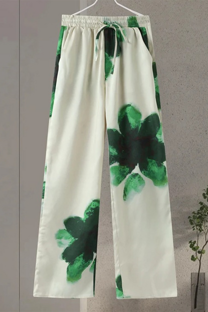 Conjunto de dos piezas informal con estampado de flores, bolsillo, cuello vuelto, manga larga