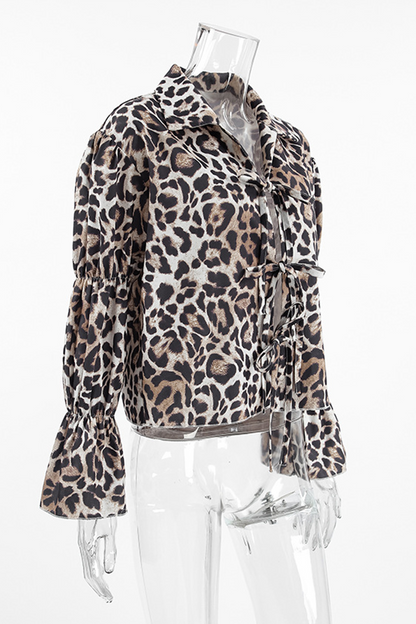 Blusas casuales con cuello vuelto, cordones y estampado de leopardo