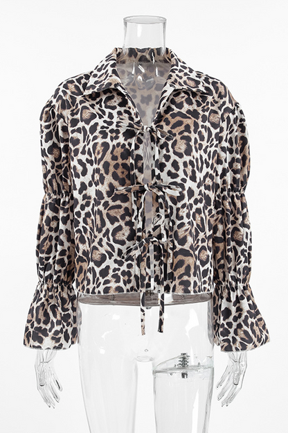 Blusas casuales con cuello vuelto, cordones y estampado de leopardo