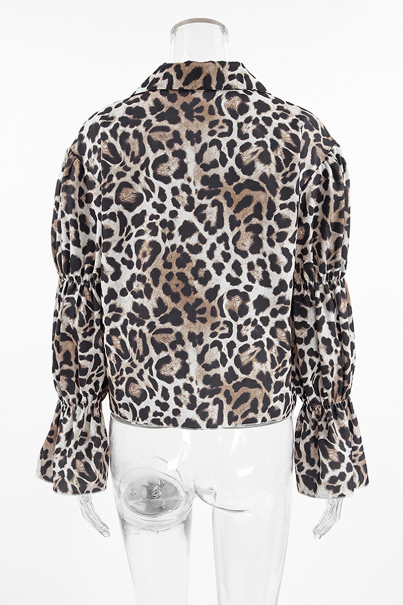 Blusas casuales con cuello vuelto, cordones y estampado de leopardo