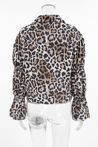 Blusas casuales con cuello vuelto, cordones y estampado de leopardo