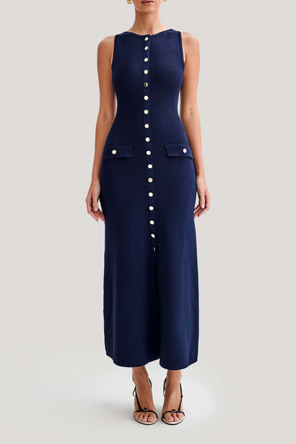 Elegante vestido sin mangas con cuello redondo y hebilla de color sólido (4 colores)